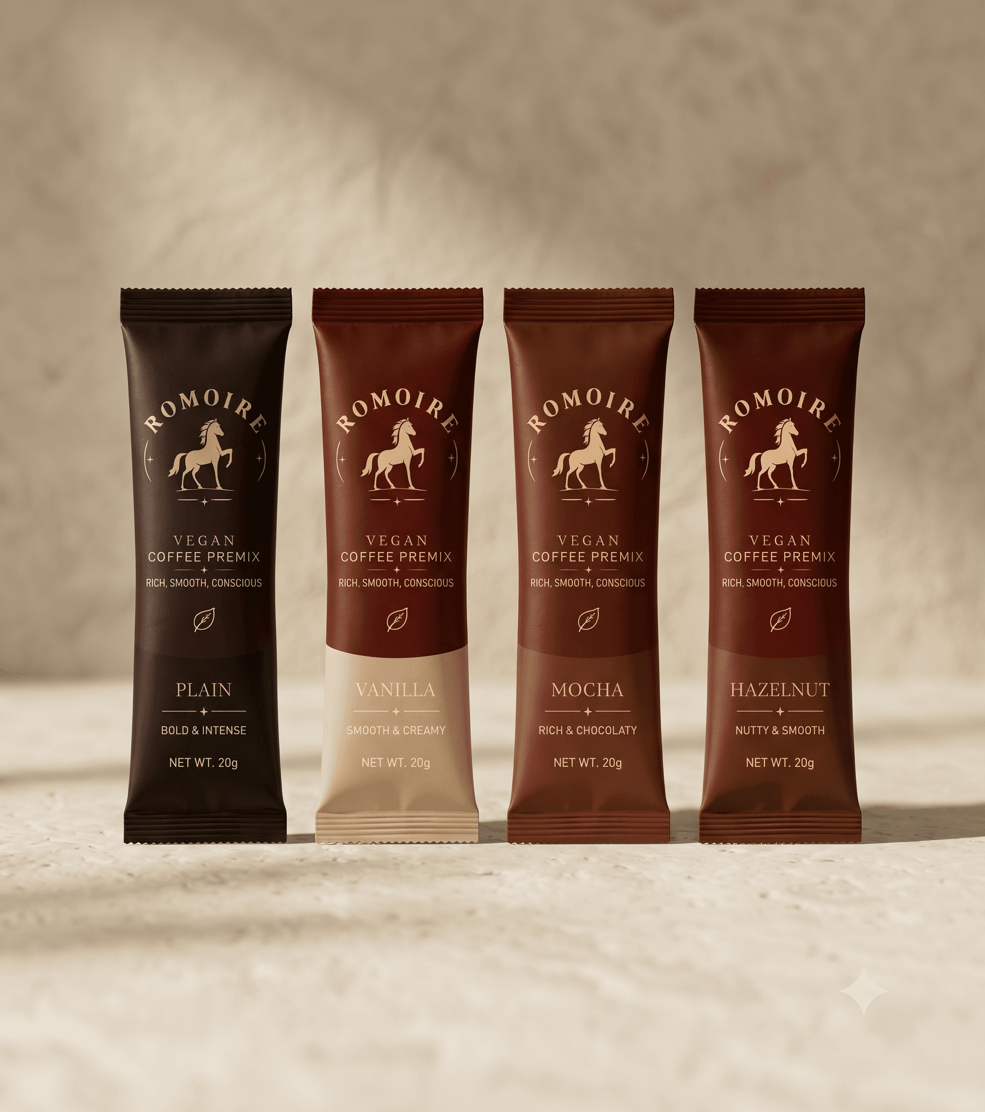 Romoire Vanilla, Espresso, Mocha and Hazelnut coffee premix sachets